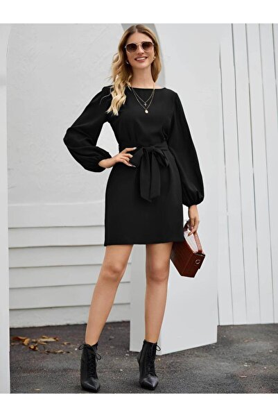 Genel Markalar Kadın Uzun Kollu Kayık Yaka Belden Kuşaklı Kısa Ithal Krep Elbise