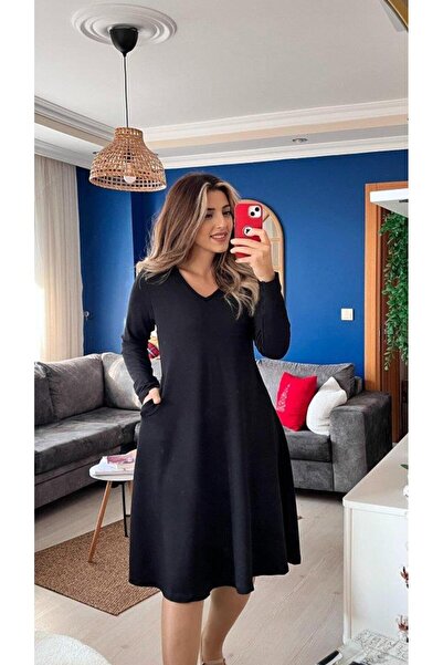 Genel Markalar Kadın Uzun Kollu V Yakalı Salaş Midi Iki Iplik Elbise