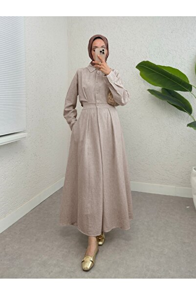 Modamorfo Φόρεμα με μισό κουμπί και ελαστική μέση - Μπεζ