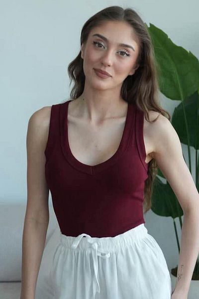Madmext Claret Red Deep V-Neck 100% Cotton Basic Women's Undershirt Mg2405