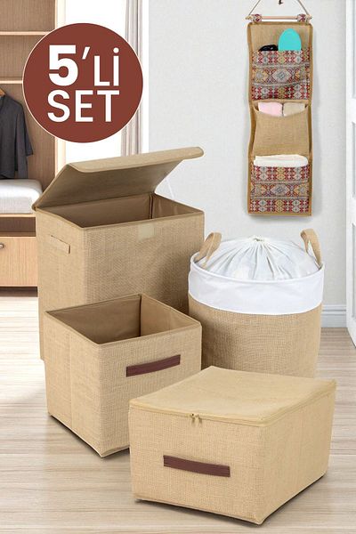 İronika Jute Fabric Closet Organizer Toy Box Items Laundry Storage Basket Organizer Box Set of 5