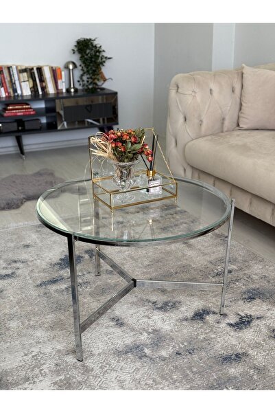 AssuCass Asya Metal Camlı Orta Sehpa Gümüş - Şeffaf