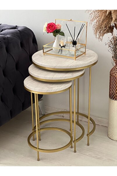 AssuCass Aybars Gold Metal Eskitme Beyaz Kaplama Zigon Sehpa