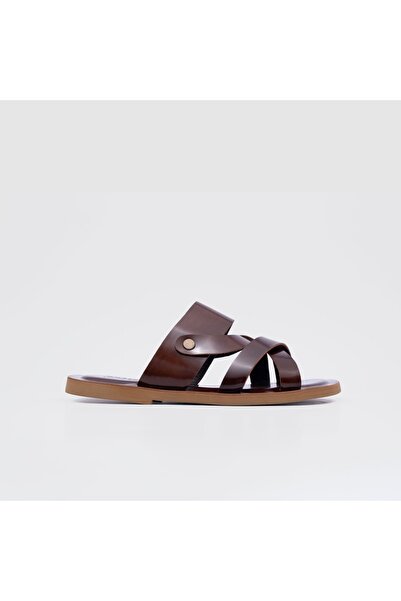 TOGO Kahverengi Hakiki Deri Erkek Düz Terlik [052138]