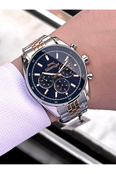 Slazenger 100 Mt Su Geçirmez Özel Kutulu Damat Saati Çelik Kordon Kararma Ren...