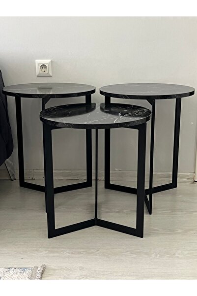 AssuCass Asya 3'lü Metal Zigon Sehpa Siyah Mermer Desen