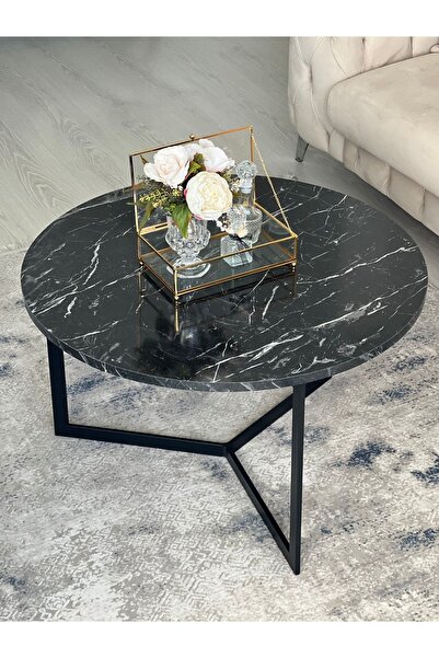 AssuCass Metal Orta Sehpa Siyah Mermer Desen