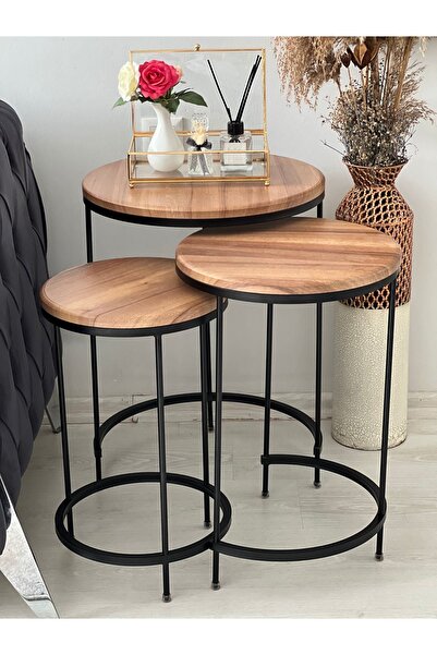 AssuCass Aybars Siyah Metal Ceviz Kaplama Zigon Sehpa