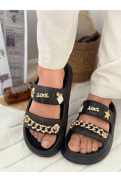Ayakkabı Durağı Women's Black Soft Sole Stone Chain Buckle Slippers