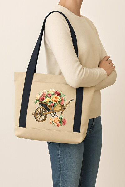 Rustic Design Çiçek Baskılı Tote bag Çanta