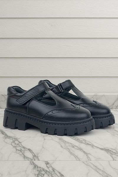 Rakerplus Pantofi de școală pentru fete din piele naturală cu velcro negru