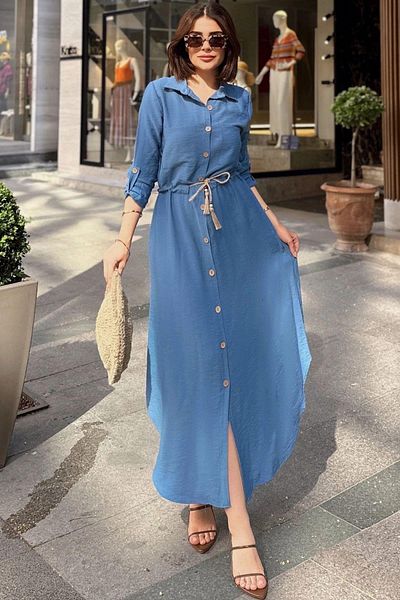 NEW LAVİVA Rochie cămașă lungă din in, cu detaliu de centură Indigo Hasri pentru femei - 700-2837