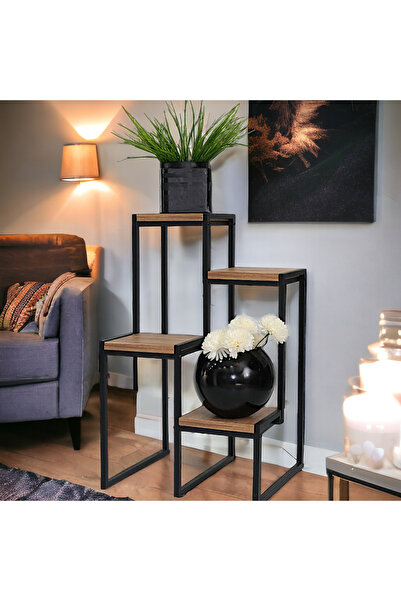 TOPRAK E-TİCARET Metal Saksılık Garden 4 Ahşap Raflı Dekoratif Saksı Standı K...