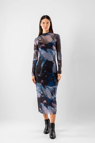 Bak Moda Rochie lungă din tul bleumarin cu model batik