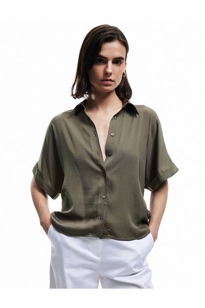 Koton Aerobin Fabric Short Sleeve Classic Collar Satin Oversize Shirt