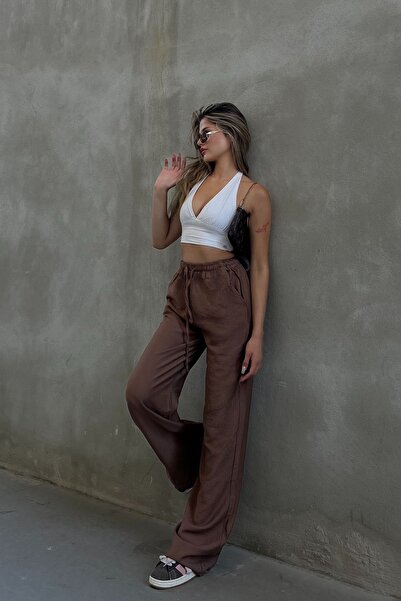 la & vetta Brown Linen Blend Loose Cut Trousers
