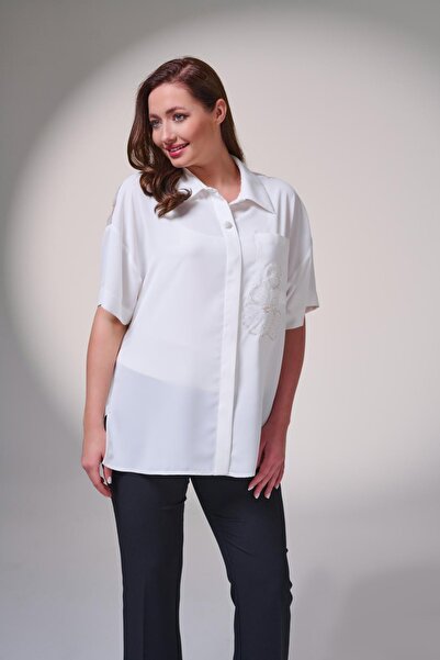 DE WHITES Plus Size Chest and Back Lace and Embroidered Detail Shirt