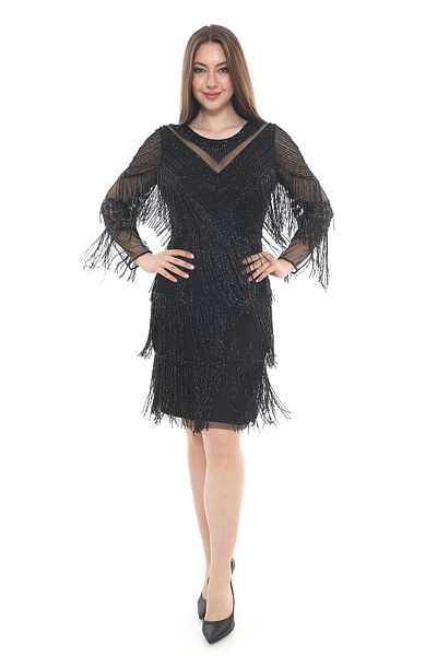 GATSBYLADY LONDON Delores Short Fringe Black Beaded Mesh Midi Dress