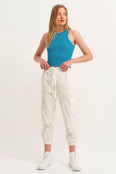 la & vetta Women's Blue Ribbed T-shirt Halter Neck Knitted Tank Top