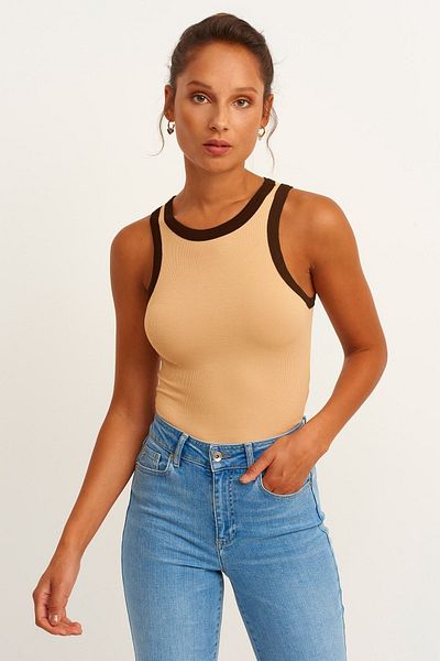 la & vetta Women's Brown Striped Ribbed T-Shirt Halter Neck Knitted Undershirt