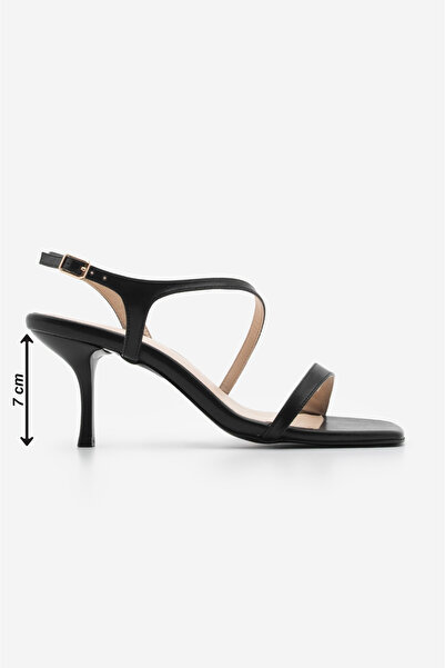 Marjin Women's Lazon Black Heeled Sandals Blunt Toe Banded Ankle Tie