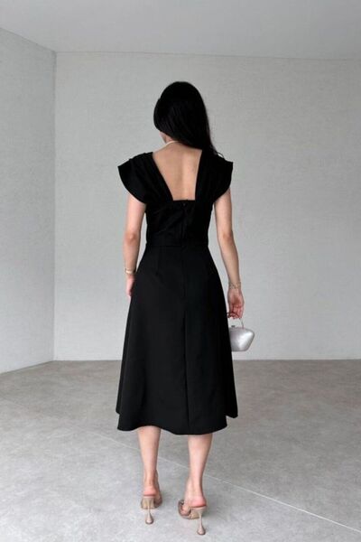 ALFUDO Moda Collection Özel Tasarım İnce Detay Siyah Midi Elbise