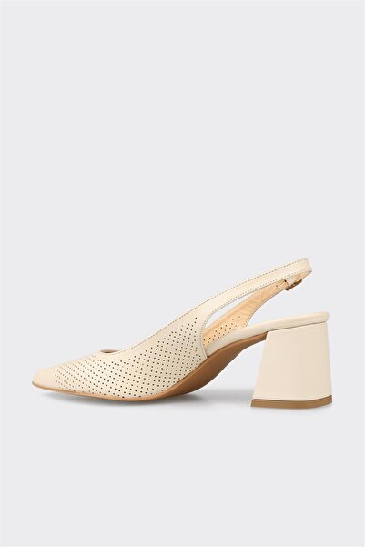Elle Shoes Ekru Deri Kadın Topuklu Ayakkabı