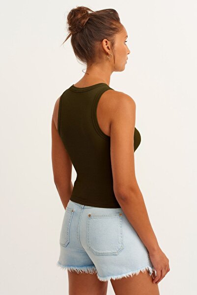 la & vetta Women's Khaki Ribbed T-shirt Halter Neck Knitted Tank Top