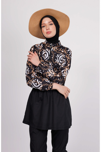 GAVLİA طقم ملابس سباحة حجاب منقوشة بسلسلة قرحة (توب + بنطلون + حقيبة) – طقم م...