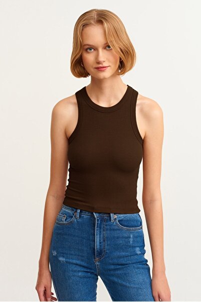 la & vetta Kadın Koyu Kahve Fitilli T-shirt Halter Yaka Örme Atlet