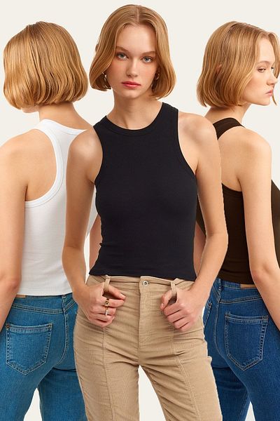 la & vetta Pachet de 3 maiouri tricotate cu guler cu halter cu nervuri