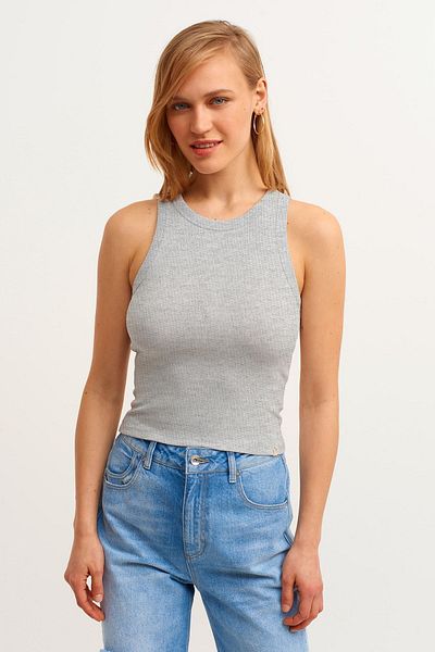 la & vetta Women's Gray Ribbed T-shirt Halter Neck Knitted Tank Top