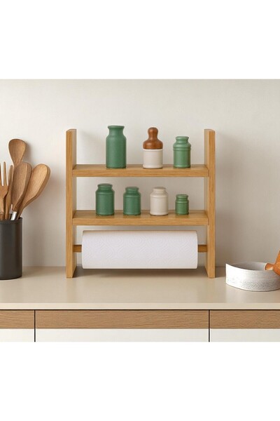 Modalanka Ahşap Kağıt Havluluklu 2 Katlı Mutfak Rafı | Tezgah Üstü Baharatlık Düzenleyici Organizer Stand
