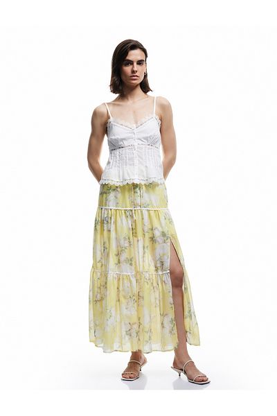 Koton Lined Slit Detailed Layered Midi Bell Cut Flared Floral Skirt