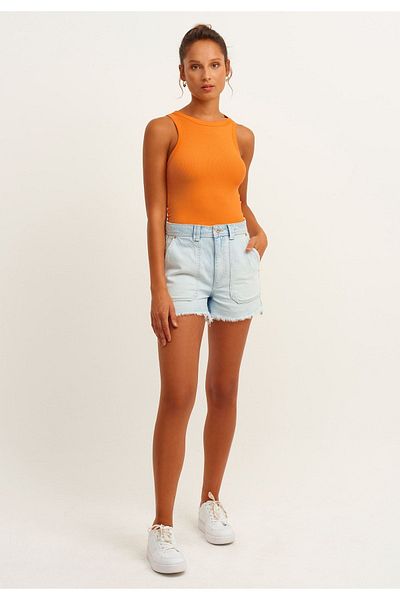 la & vetta Woman's Orange Ribbed T-shirt Halter Collar Knitted Singlet