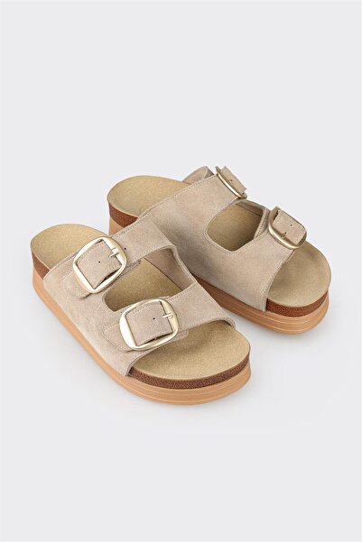 Elle Shoes Bej Deri Kadın Terlik