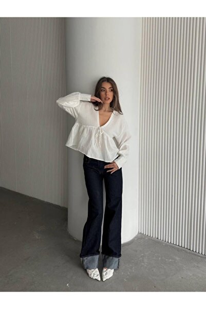 hedef giyim بلوزة موسلين بأكمام طويلة ورباط ذاتي من الأمام