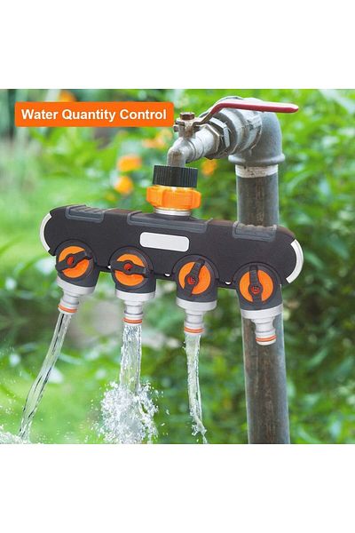Manolex Garden Hose Splitter, 4 Connectors And 4 Valves, Black/orange Color