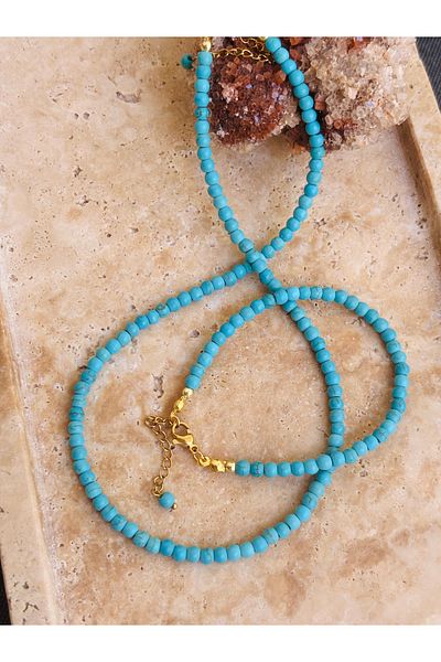 By Song Aksesuar Turquoise Natural Stone Necklace and Bracelet Set
