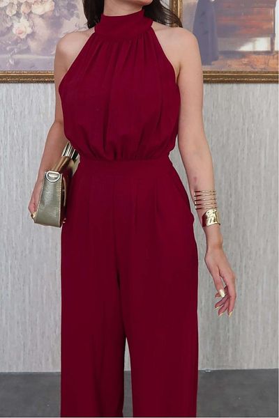 Neşeli Butik Women's Burgundy Halter Neck Jumpsuit with Pockets Nbmy3721