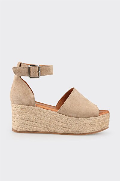 Elle Shoes Bej Deri Kadın Dolgu Topuklu Sandalet
