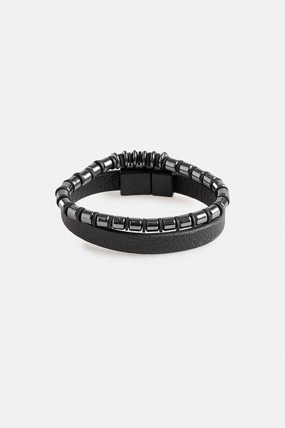 Avva Men's Black Leather and Jewelled 2-Piece Bracelet A32Y9630