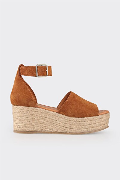 Elle Shoes Taba Deri Kadın Dolgu Topuklu Sandalet