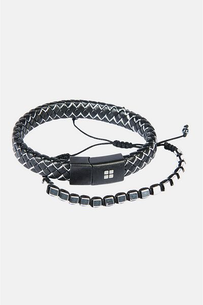 Avva Men's Black 2-Piece 100% Leather and Hematite Stone Bracelet A32y9607