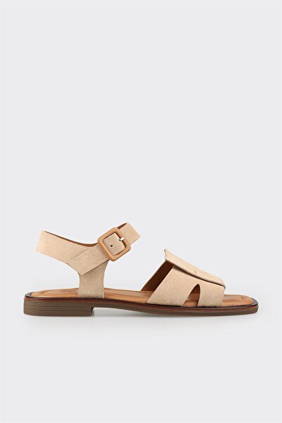 Elle Shoes Bej Deri Kadın Düz Sandalet