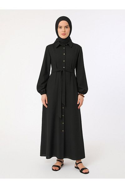 Refka Λινό φόρεμα Hijab με κουμπιά - Μαύρο - Refka
