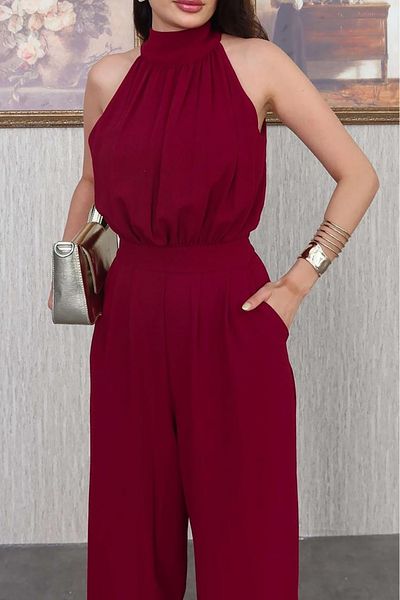 Neşeli Butik Women's Burgundy Halter Neck Jumpsuit with Pockets Nbmy3721