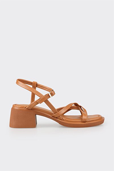Elle Shoes Taba Deri Kadın Topuklu Sandalet