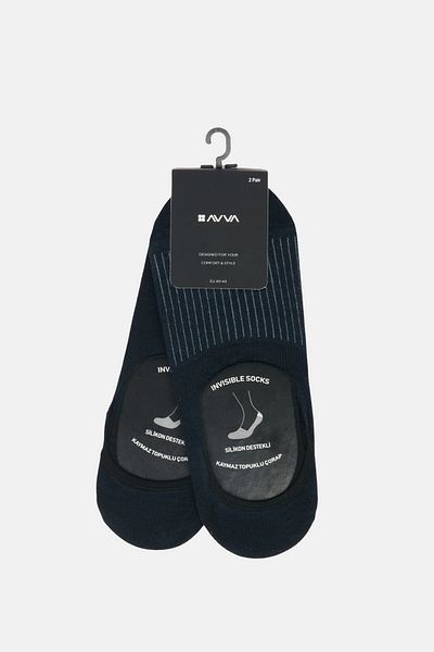 Avva Men's Navy Blue 2-Piece Striped and Plain Bamboo Ballerina Socks A32Y8535