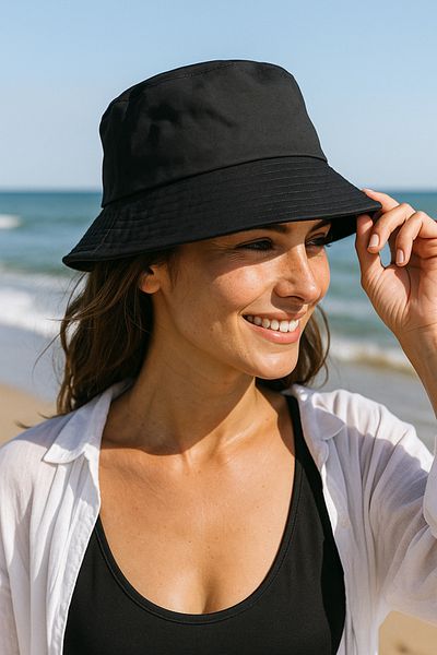 Luminos Butik Cotton Material Black Bucket Hat - Wide Brim, Summer Spk09